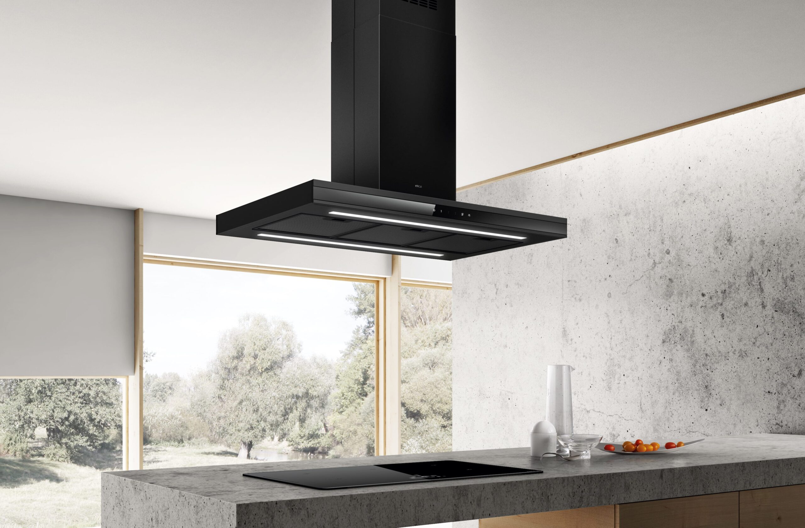 Modern ceiling-mounted black kitchen hood in a minimalist kitchen.