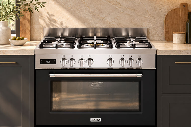 ELBA stainless steel freestanding gas stove with multiple burners and a spacious oven in a modern kitchen.