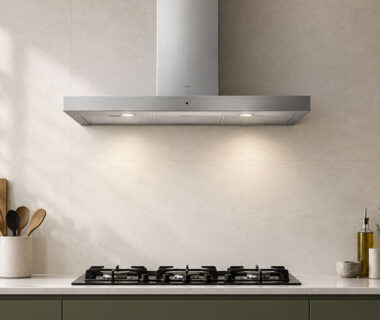 Elica stainless steel wall-mounted extractor hood above a gas hob in a modern kitchen, featuring integrated lighting and a sleek design.