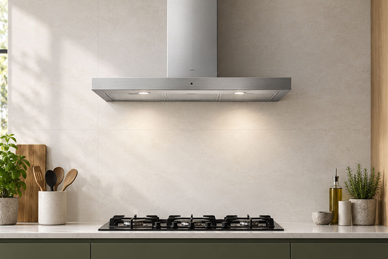 Elica stainless steel wall-mounted extractor hood above a gas hob in a modern kitchen, featuring integrated lighting and a sleek design.